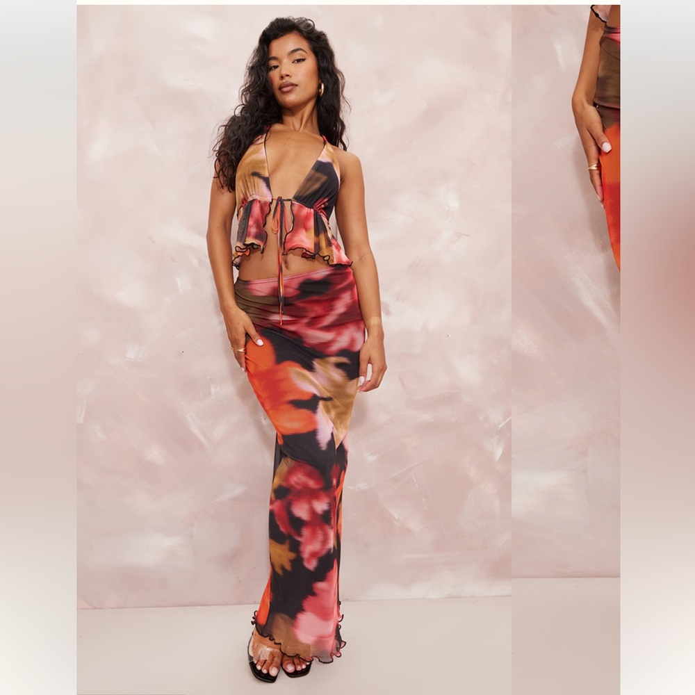 RED FLORAL PRINT MESH LOW RISE MIDAXI SKIRT AND TOP